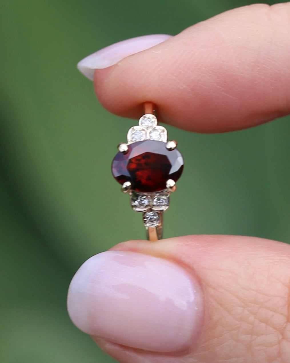 2.45ct Deep Red Whisky Zircon and Diamond RIng, 9ct Yellow Gold, size L or 5.75, 2.33g