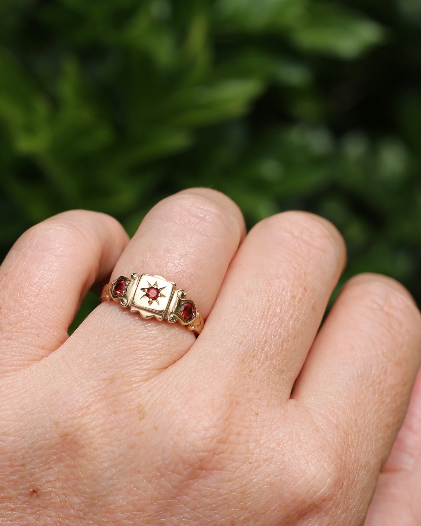 Victorian Revival Garnet Trilogy Star Set Ring, 9ct Yellow Gold, size O1/2 or just over 7.25