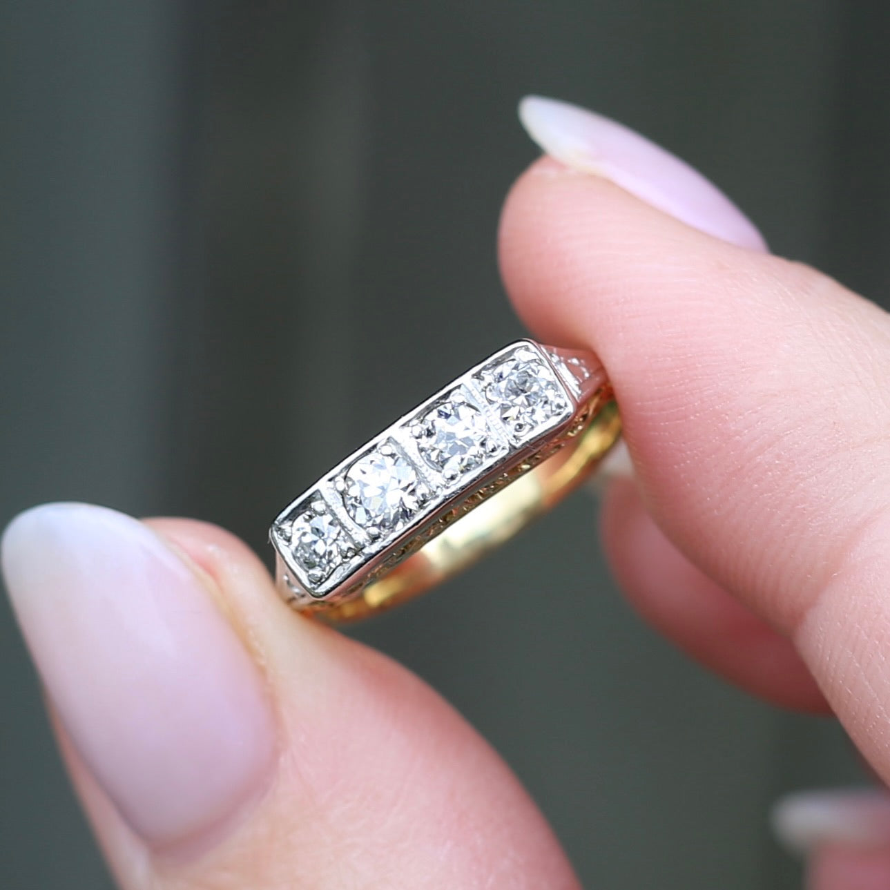 1930s 4 Stone Transitional Cut Diamond Mixed Metal Ring, 18ct Yellow Gold & Platinum, size M or just bigger than 6