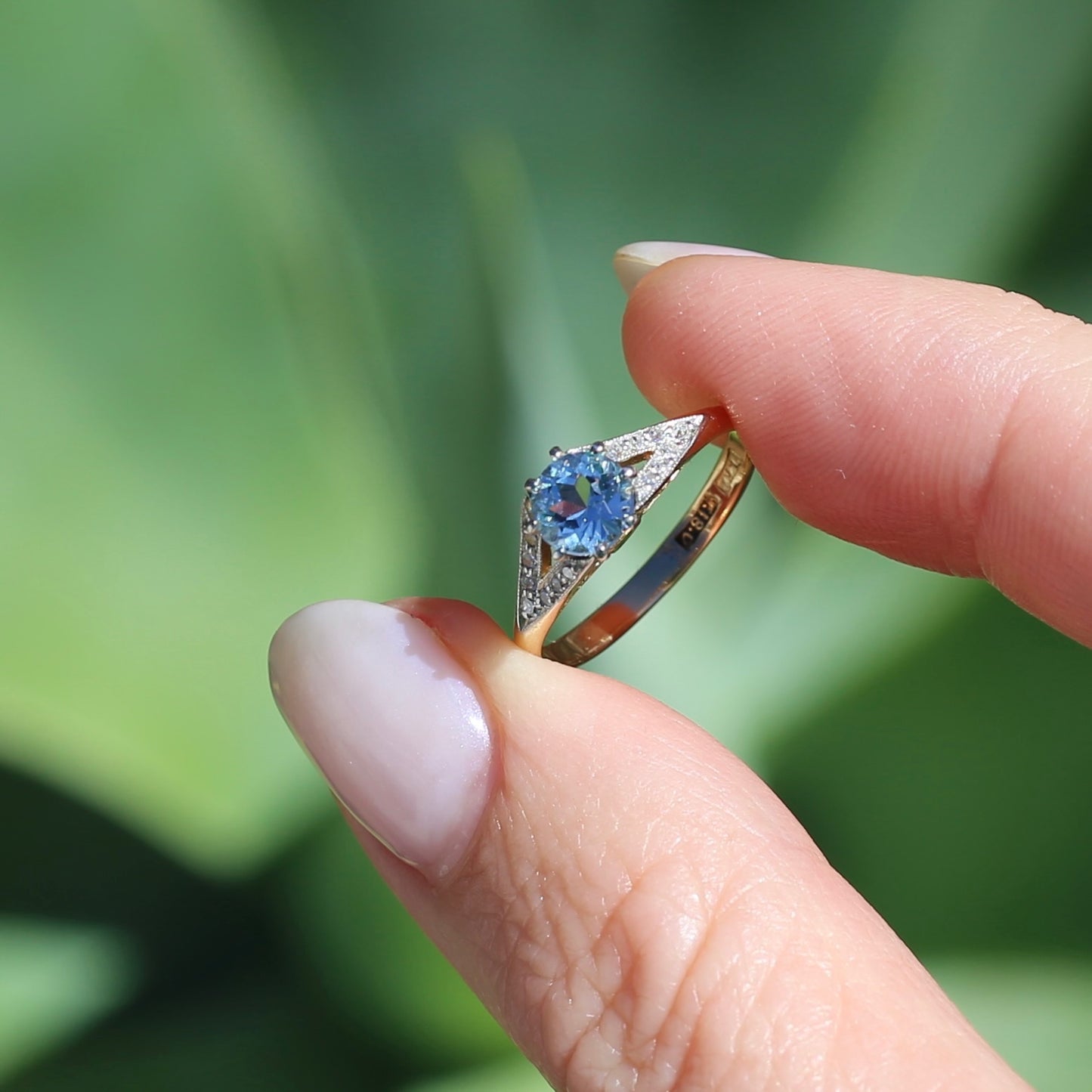 Pristine Early Australian 1930s Dunklings Blue Zircon & Diamond RIng, size L or just over 5.5