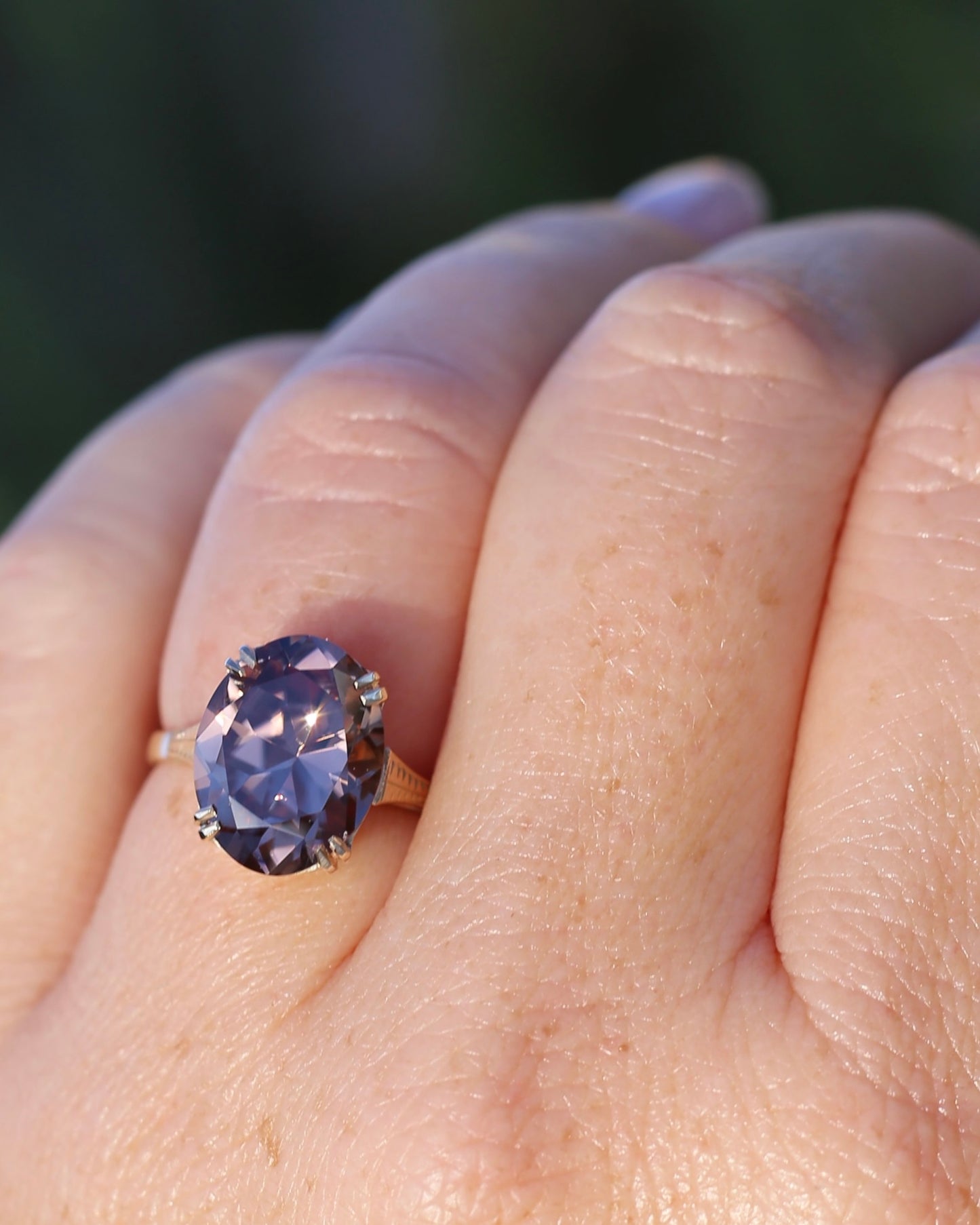 ON HOLD 7.9ct Mauve Damask Rose Oval Natural Zircon in Vintage 9ct Double Claw Ring, 9ct Yellow Gold, size M or 6.25, 3.59g