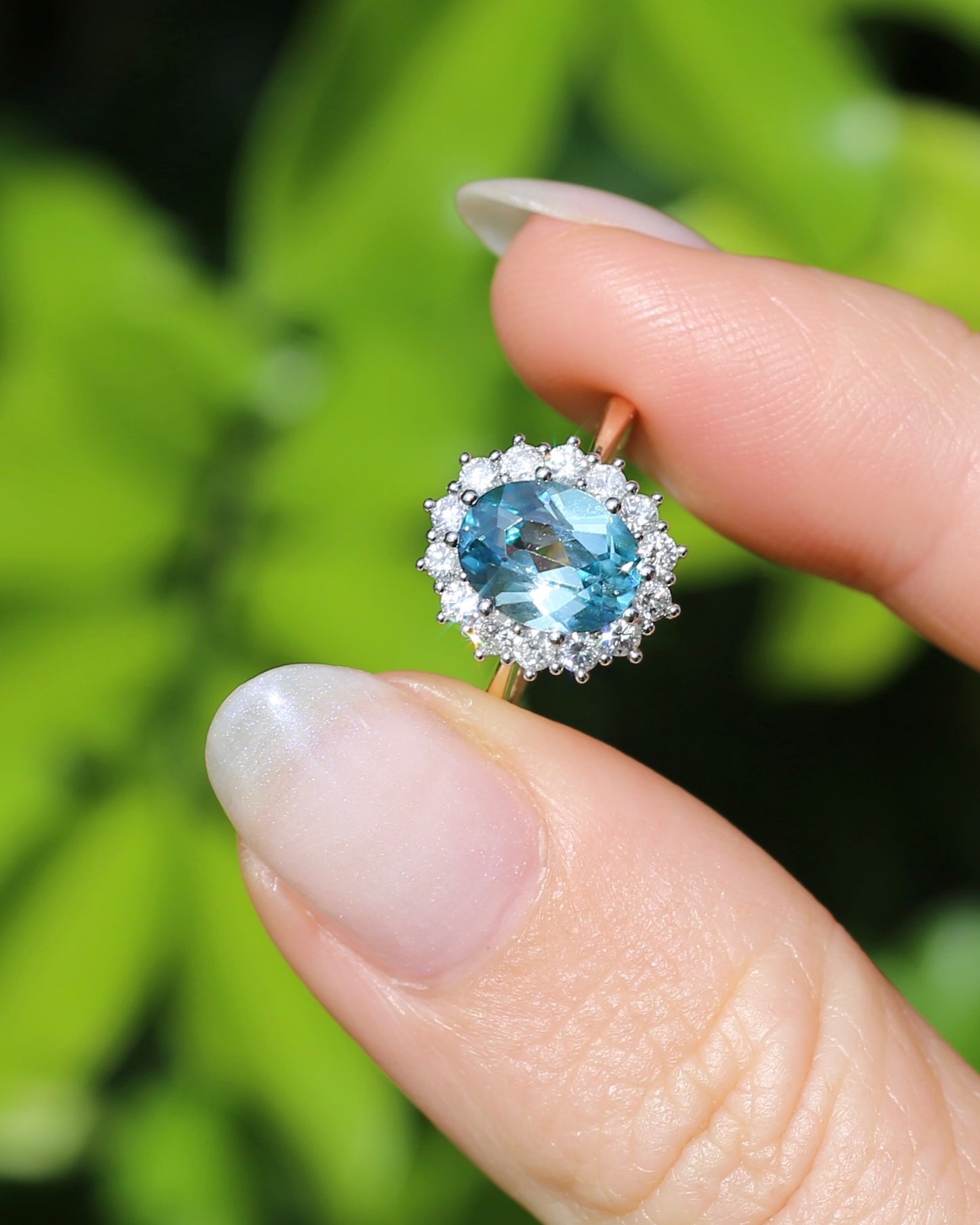2.79ct Oval Blue Zircon and Diamond Halo, Vintage 9ct White and Yellow Gold, size M1/2 or 6.5