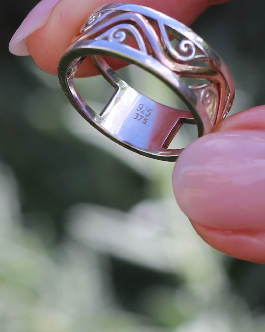 Silver and Rose Gold Filigree Swirl Band, Sterling Silver and 9ct Rose Gold, size P or 7.5 (fits more like an O)