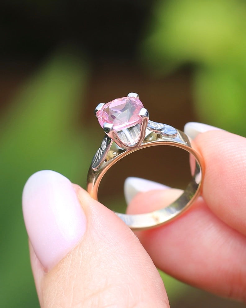 1.62ct Natural Pink Tourmaline in 1970s Mixed Metal Setting with Diamond Side Stones, size P or 7.5, 4.34g