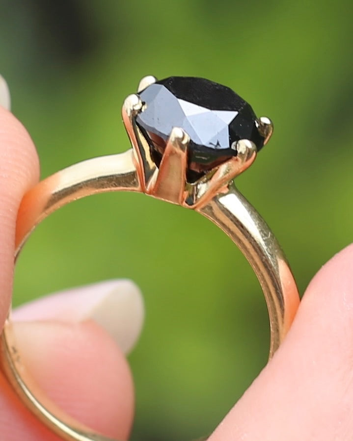 Black Moissanite Solitaire, 6 claw set 14ct Yellow Gold, size N1/2 or nearly 7, 3.63g