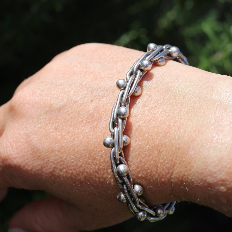 Chunky Silver Bracelet with Overlapping Loops and Dot Ball Detail, 45.3g