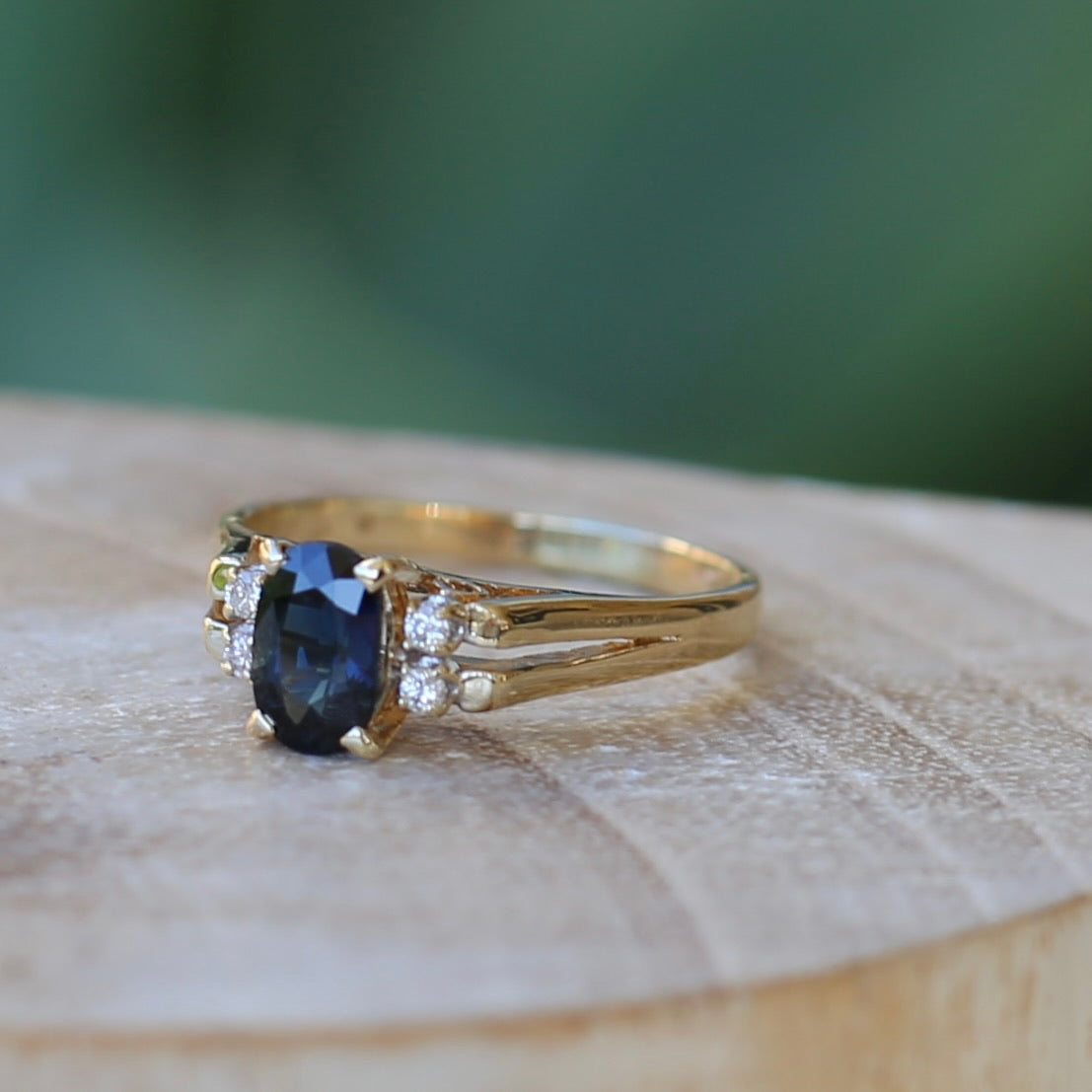 Oval Natural Blue Sapphire with Diamonds, Art Deco Feel Ring, 14ct Yellow Gold, size N or 6.75