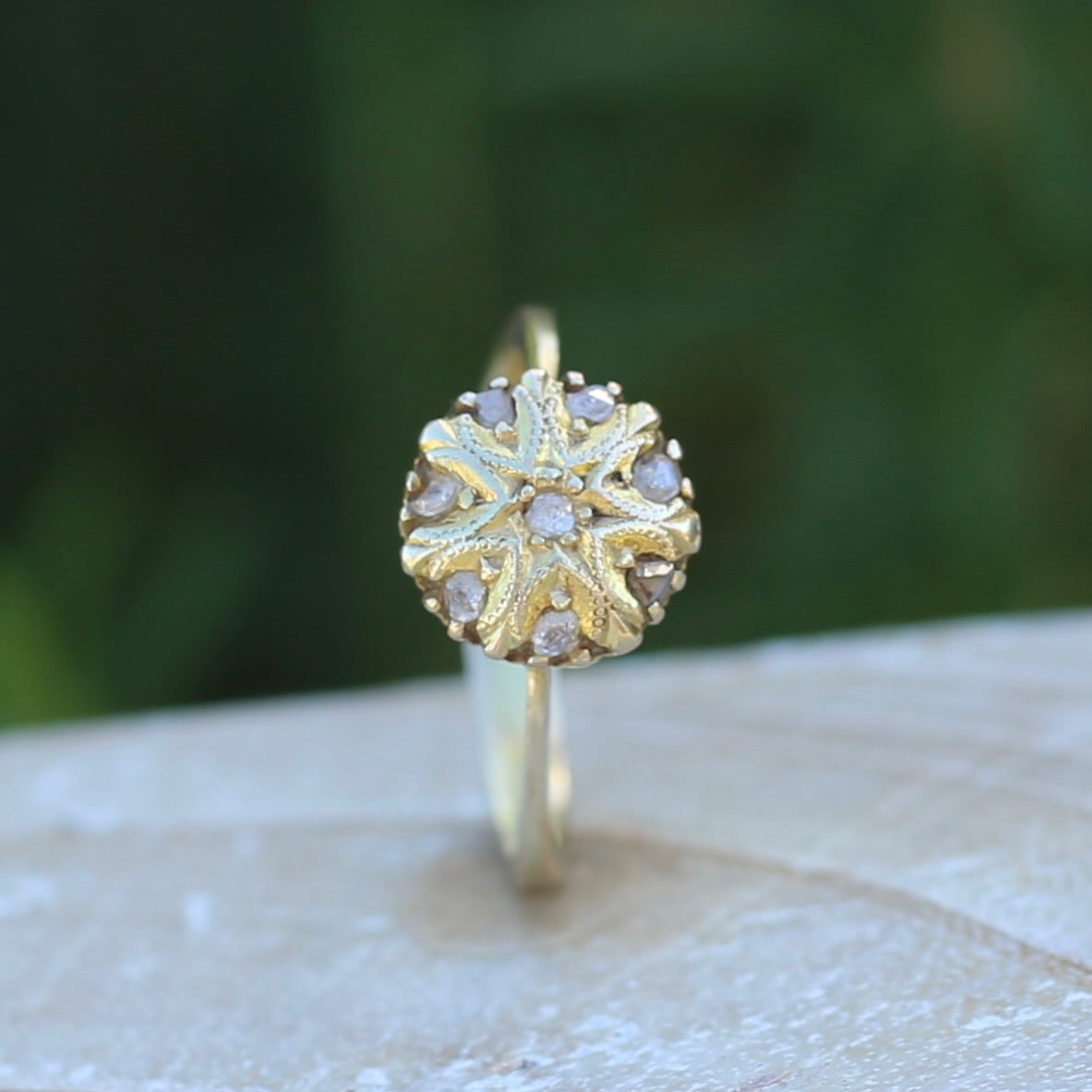 Rustic Handmade Likely Victorian Rose and Table Cut Diamond & Quartz Ring, approx 12ct Yellow Gold, size T or 9.5