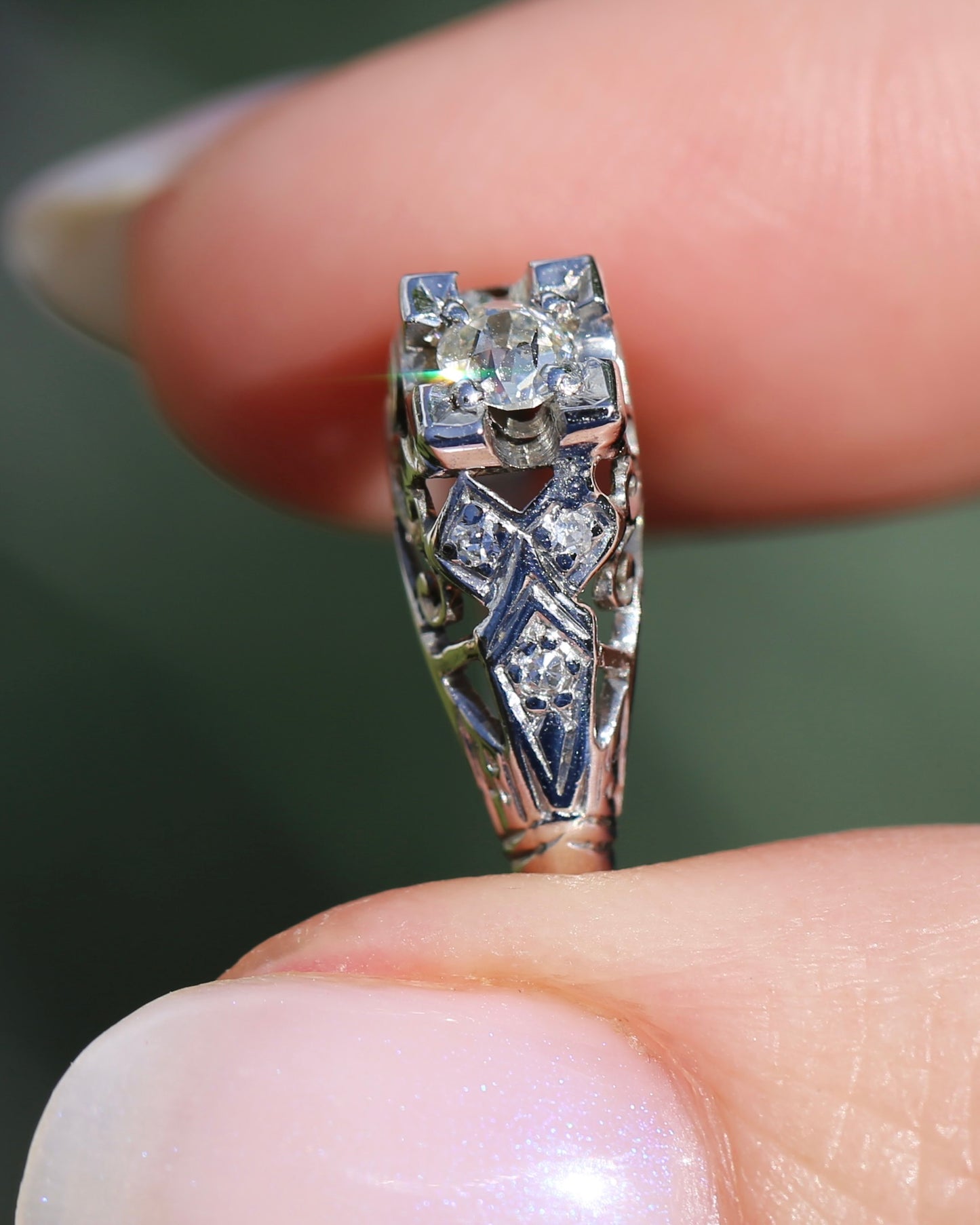 0.188ct Old Cut Diamond Solitaire, 18ct White Gold Filigree, size L or 5.75, 2.0g