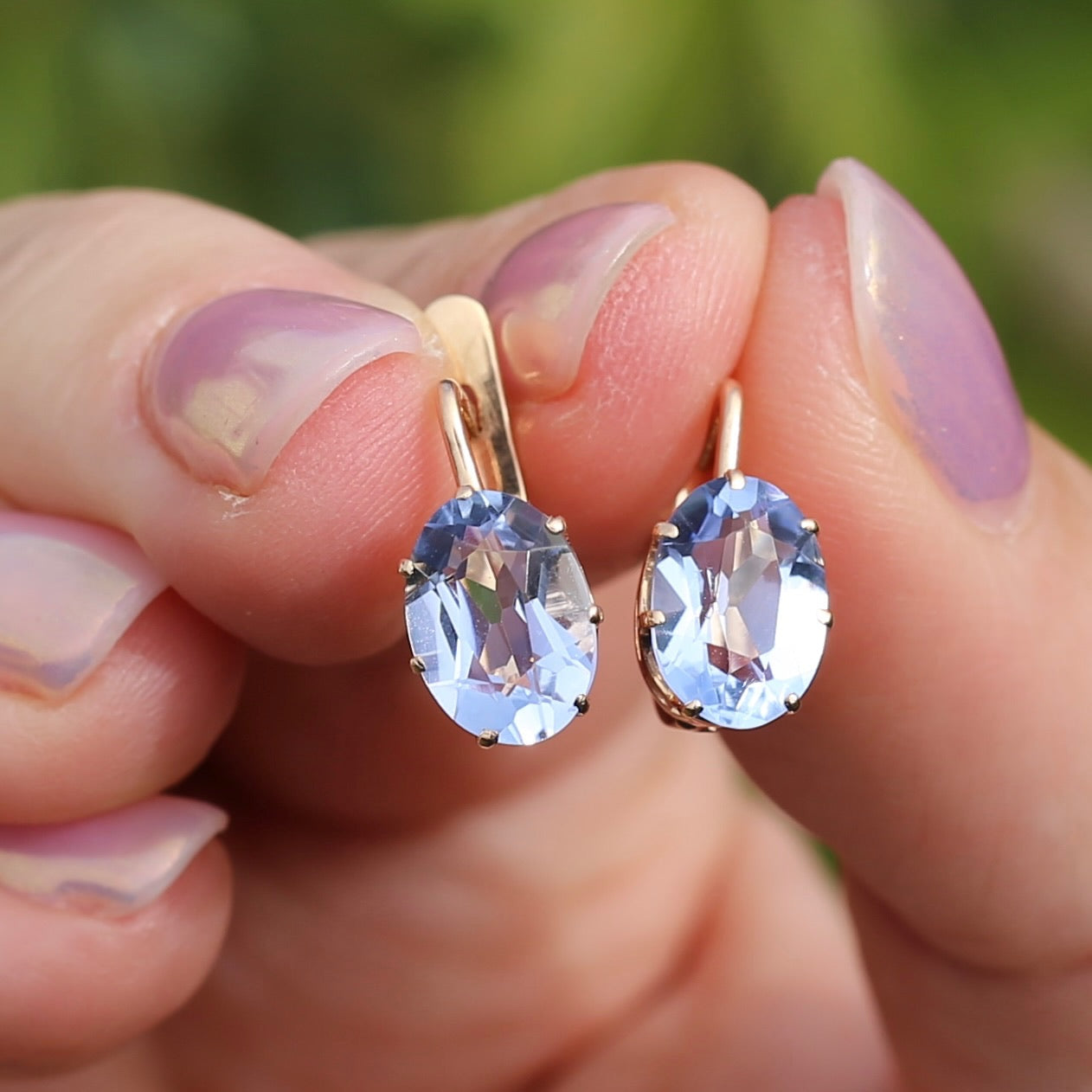 Vintage Russian Pale Lilac Blue Spinel Earrings with Lever Backs, 14ct Rosey Gold, 3.03g