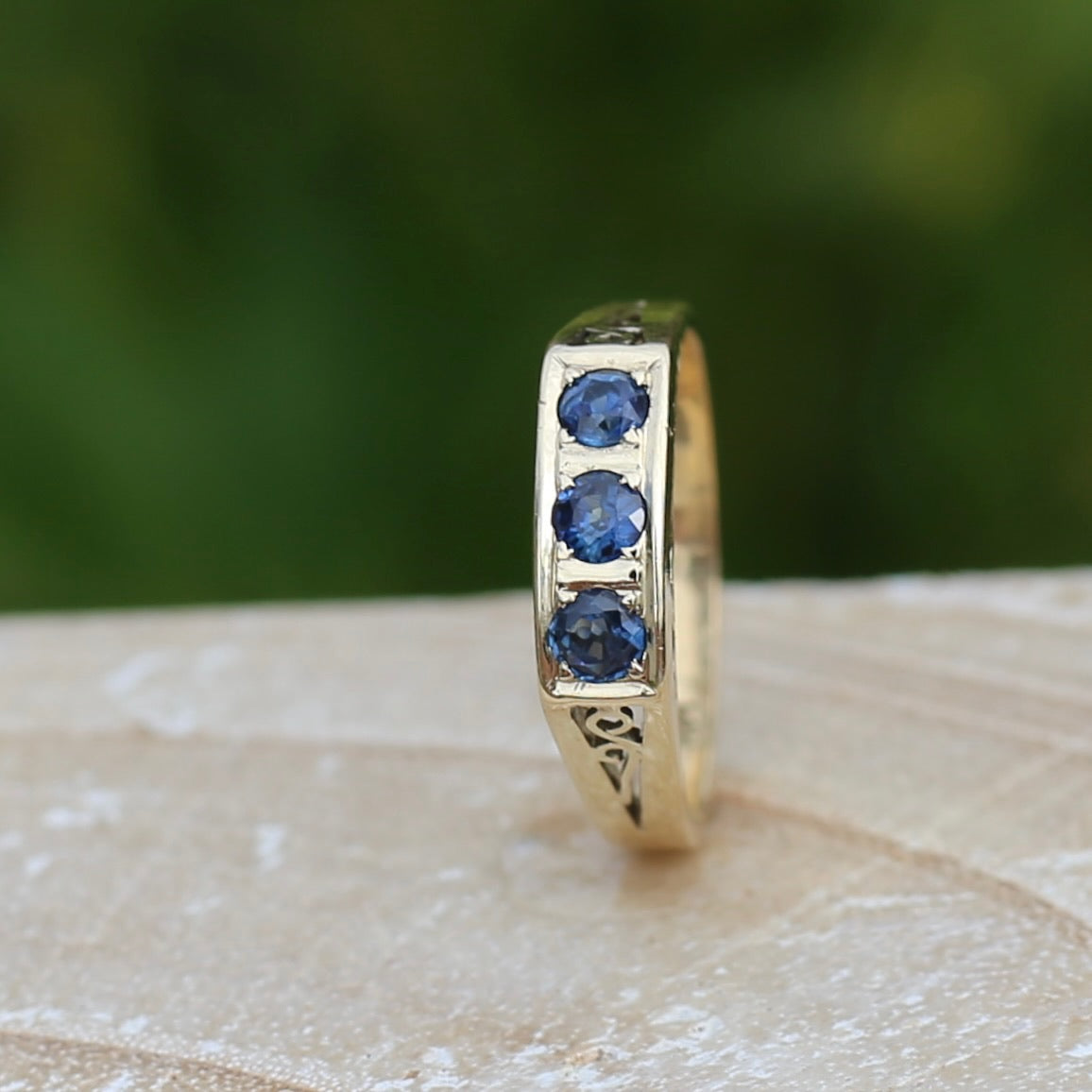 Natural Sapphire Trilogy, Swirl Shouders and Under gallery, 14ct Yellow Gold, size P or 7.5