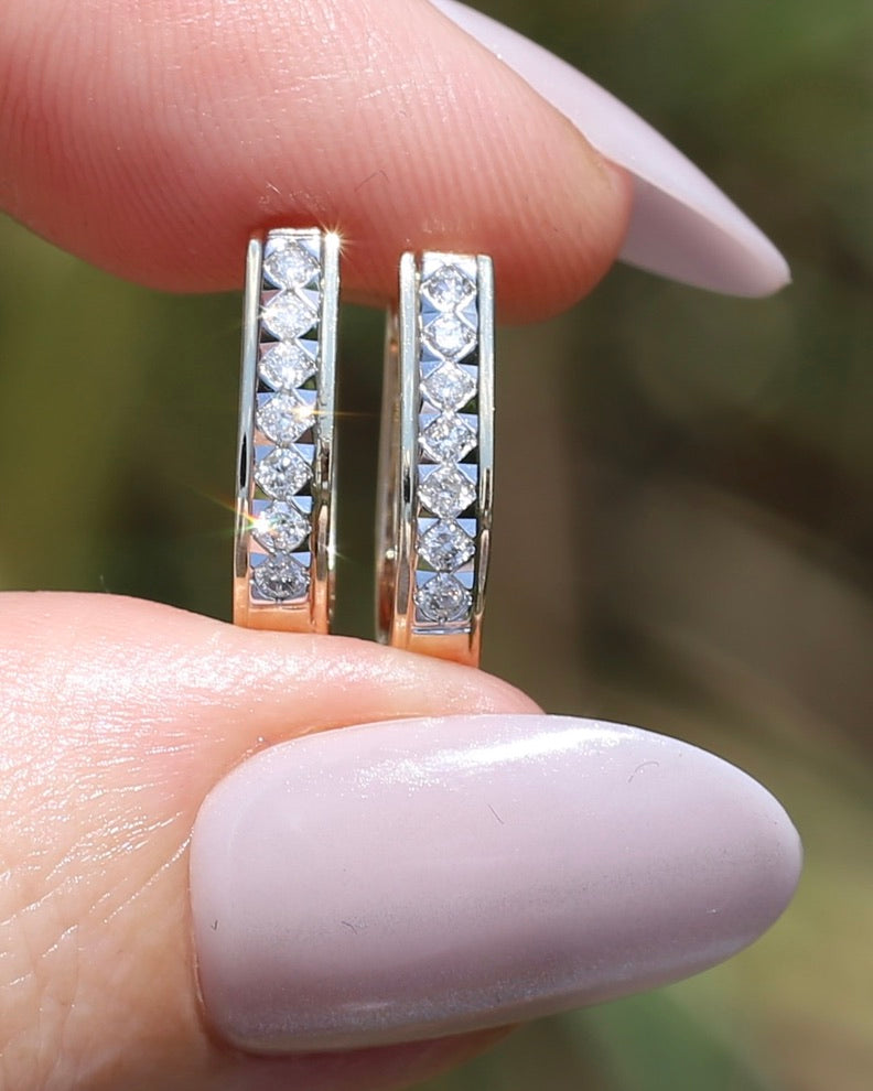 Mixed Metal Natural Diamond Huggies, 10ct Yellow and White Gold, 16 x 3.4mm, 2.45g