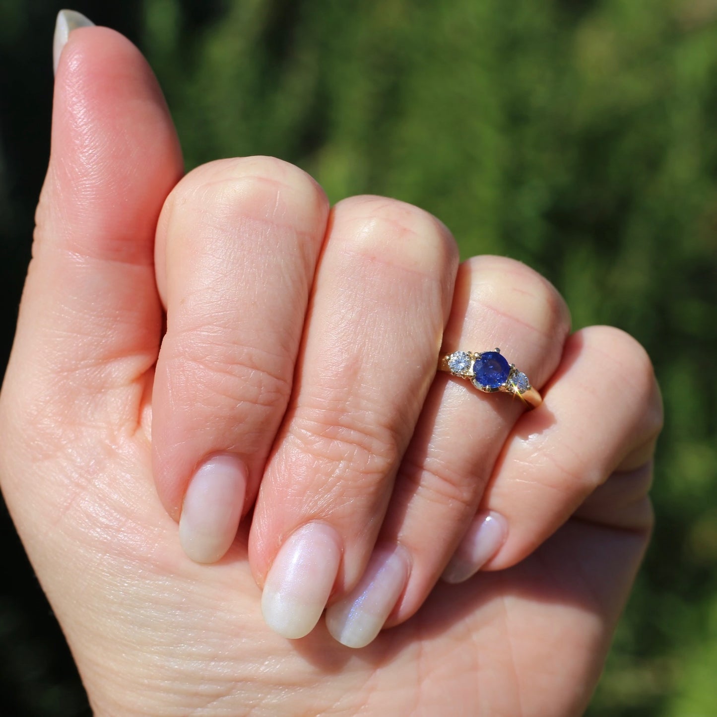 Bright Blue Natural Sapphire and Diamond Trilogy Ring, 18ct Yellow Gold, size K or 5.5