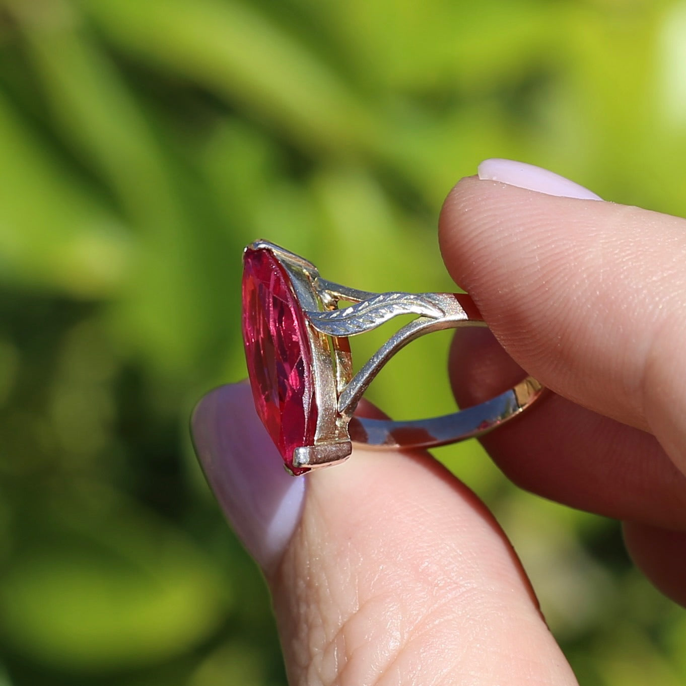 Mid Century Russian Synthetic Ruby Ring, 14ct Rosey Gold, size L1/2 or 6