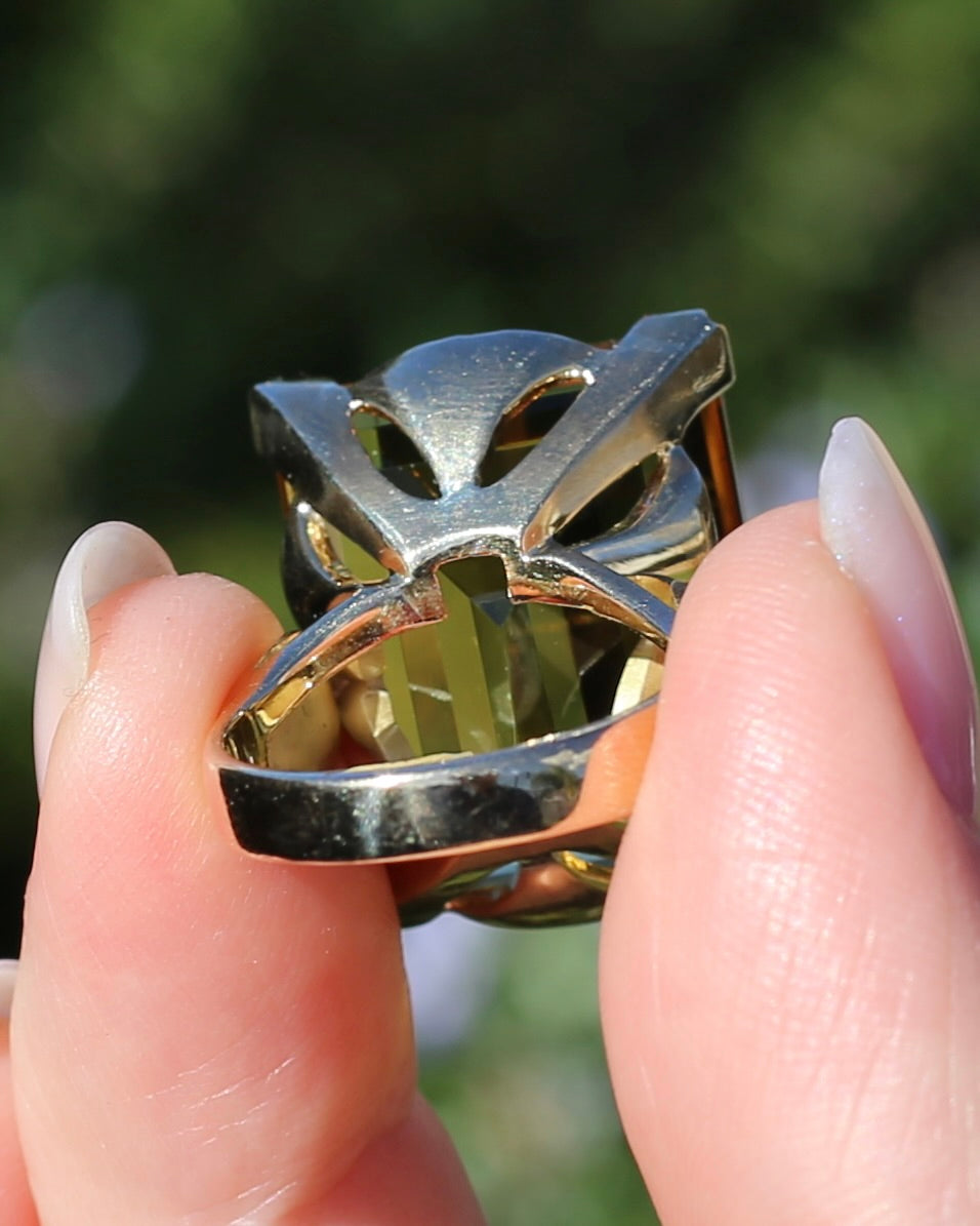 35ct Rectangular Step Cut Vivid Citrine in Chunky Vintage 9ct Yellow Gold Ring, size N1/2 or 7, 15.12g