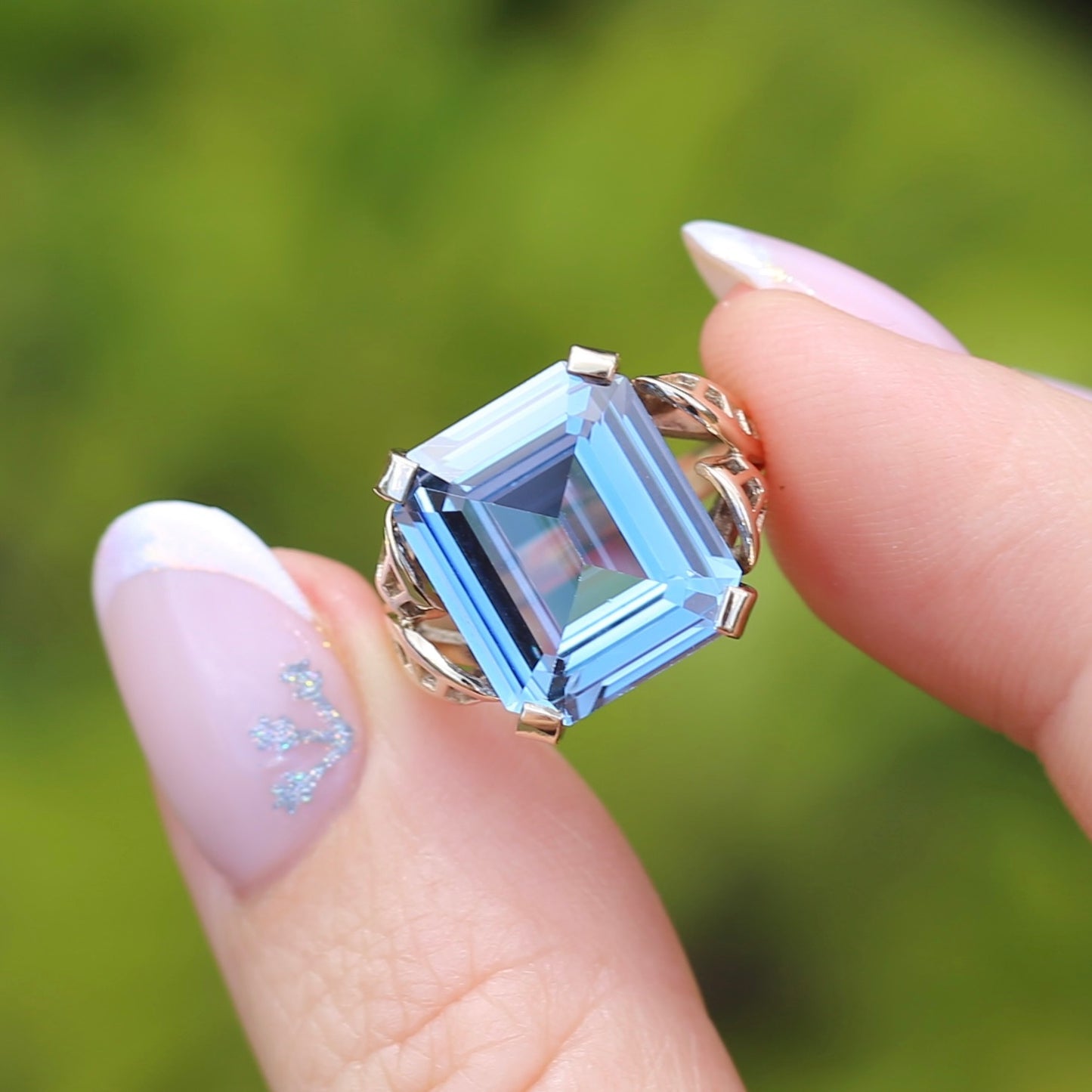 Mid Century Emerald Cut Blue Spinel Cocktail Ring, size N1/2 or 6.75