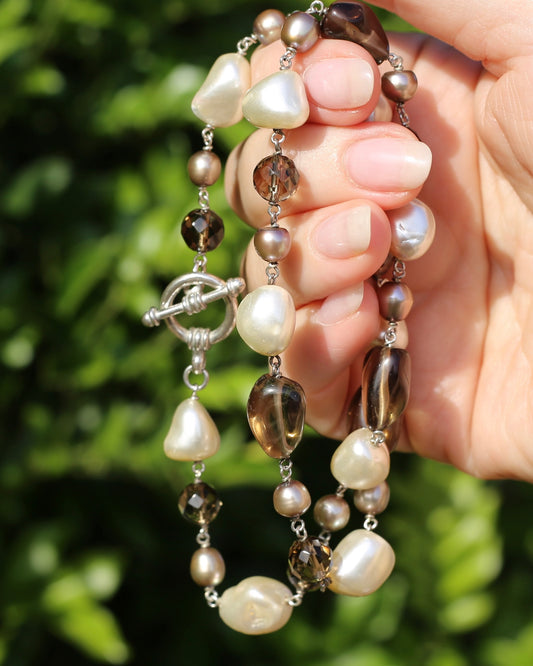 Baroque White Pearl, Grey Pearl and Smoky Quartz Neckalce, Silver Clasp and Findings, 43g
