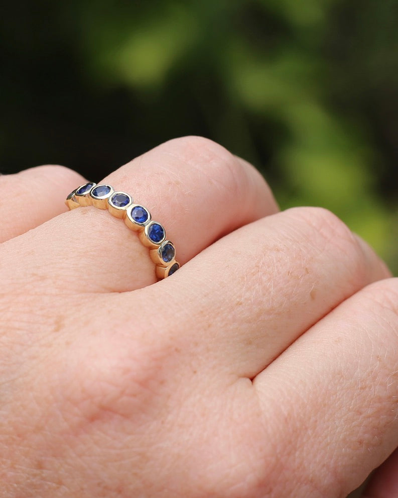 Second Glance - 9 Stone Bezel Set Blue Sapphire Bubble Half Eternity Ring, 9ct Yellow Gold, size N or just over 6.5, 2.80g