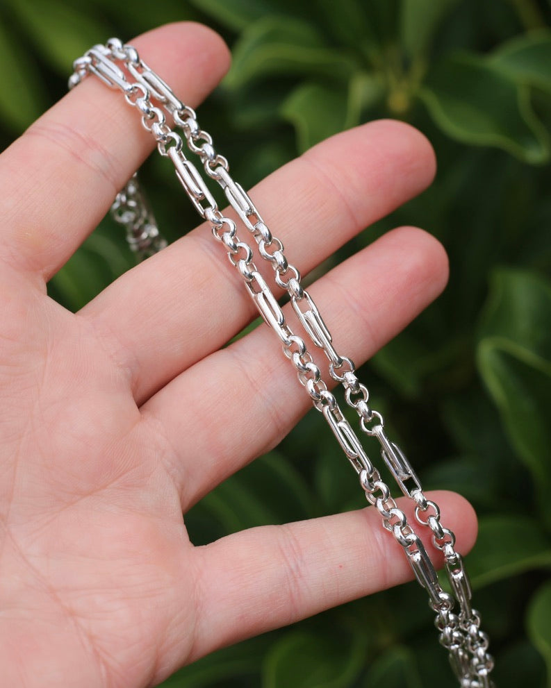 Trombone and Belcher Chain with Single Albert Swivel Clasp and T-bar, 45cm or 17.75 inches, 17.8g