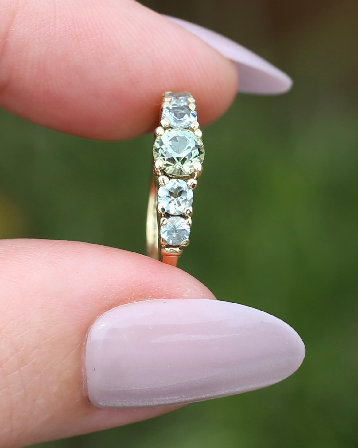 1.35ct Blue Green Natural Five Stone Sapphire Ring, 9ct Yellow Gold, size 6.5 or just over M1/2, 2.91g