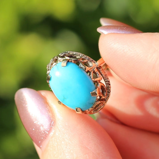 Vintage Hand Carved Filigree and Natural Turquoise Cabochon Ring, 9ct Yellow Gold, size 7.5 or O1/2