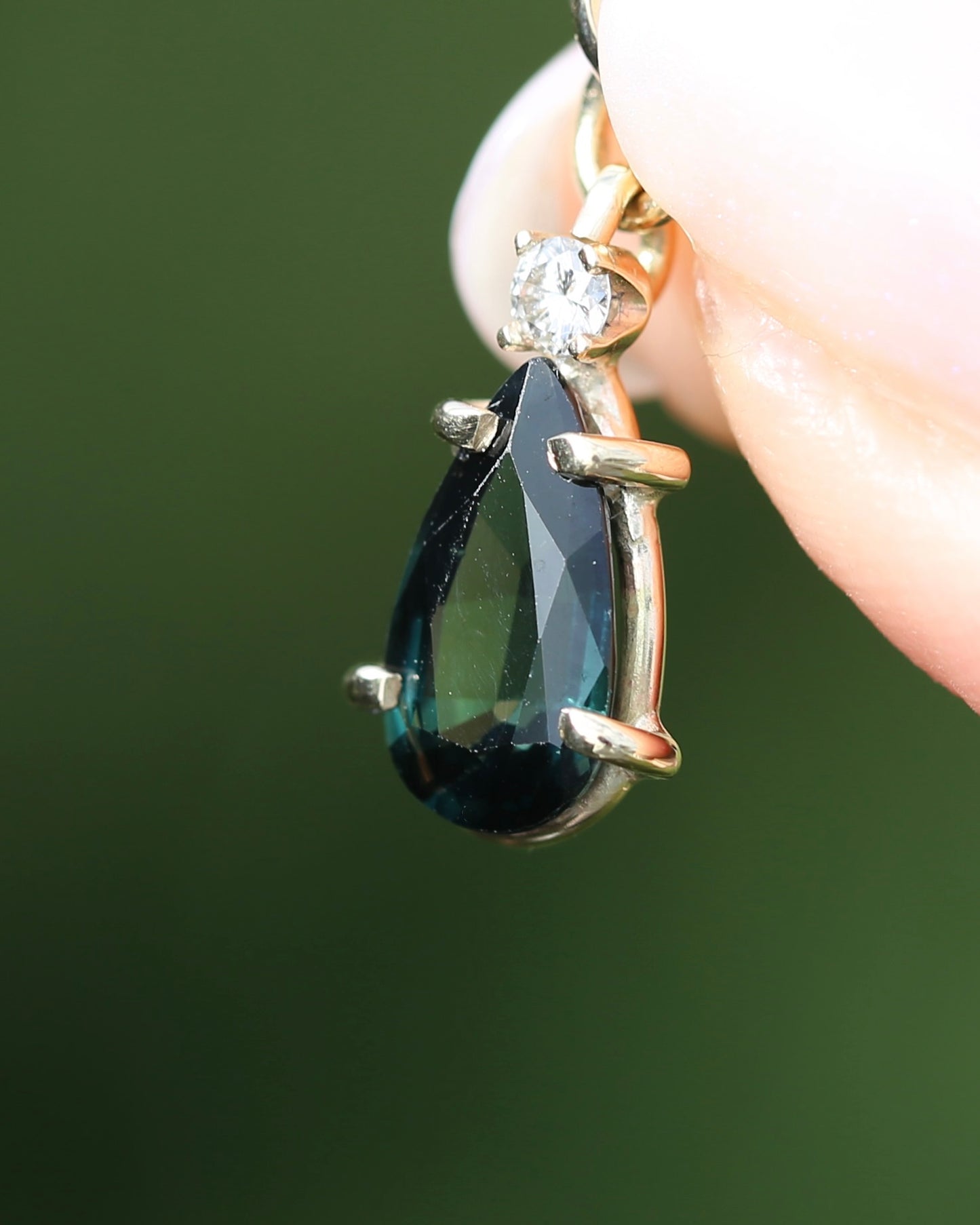 Pear Shaped Natural Teal Pear Sapphire and Diamond Pendant, 9ct Yellow Gold, 1.08g