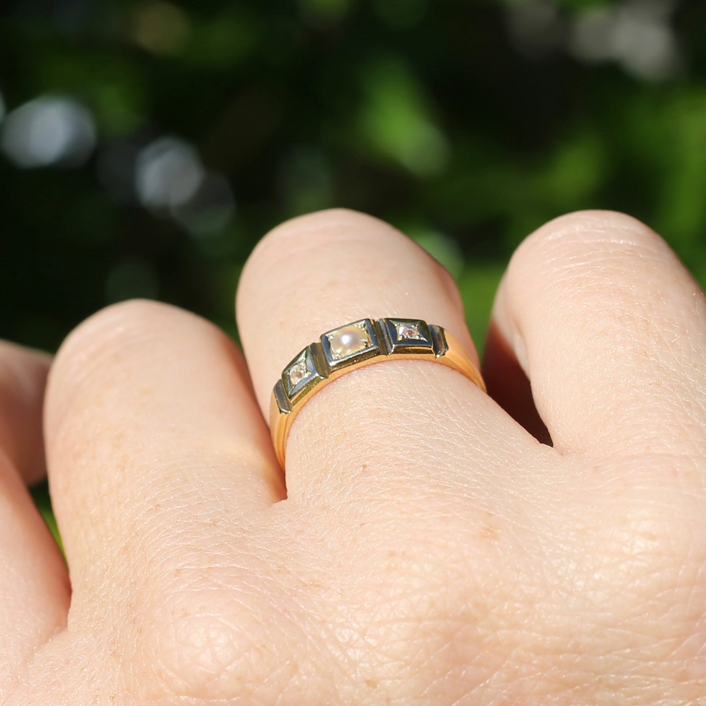 Antique Pearl and Old Cut Diamond Set Trilogy Ring, 18ct Yellow Gold, size N1/2 or 7