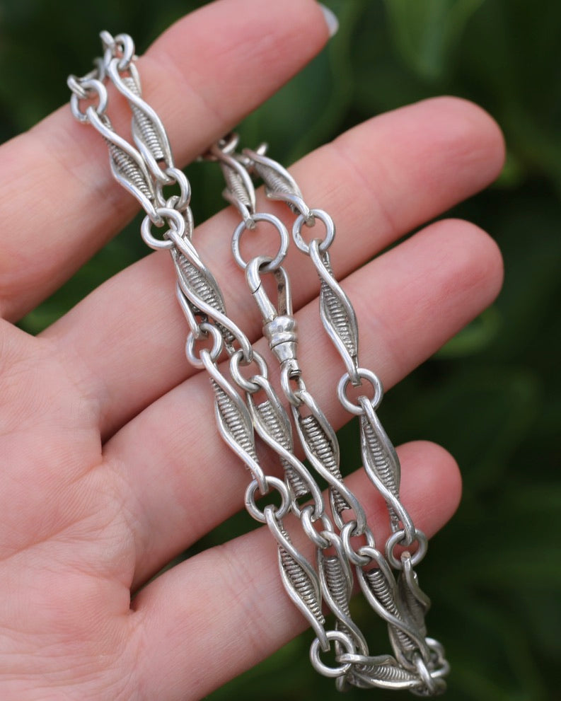 Vintage/ Vintique Fancy Link Single Swivel Albert Clasp Chain, Sterling Silver, 52cm or 20.5 inches, 30.0g