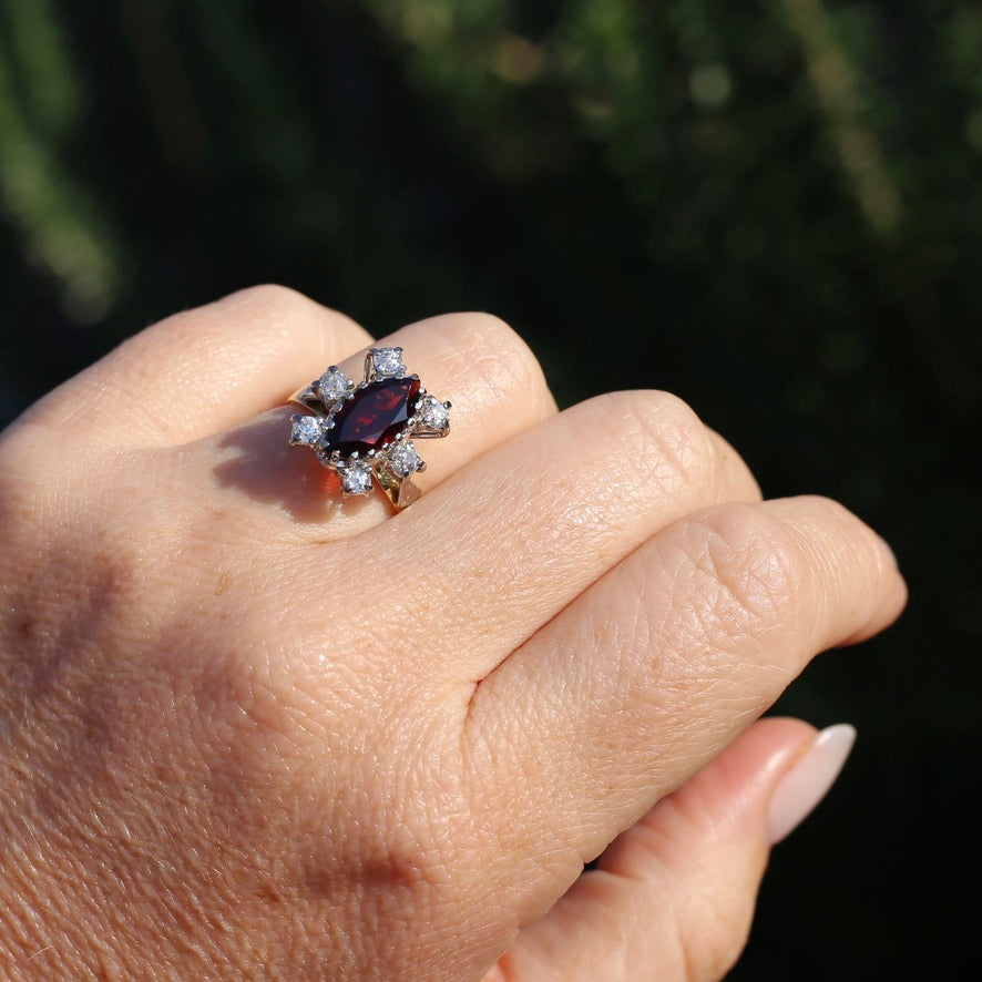 Viking feel Marquise Garnet With 6 Transitional Cut Diamonds, 18ct White and Yellow Gold, size N1/2 or 7