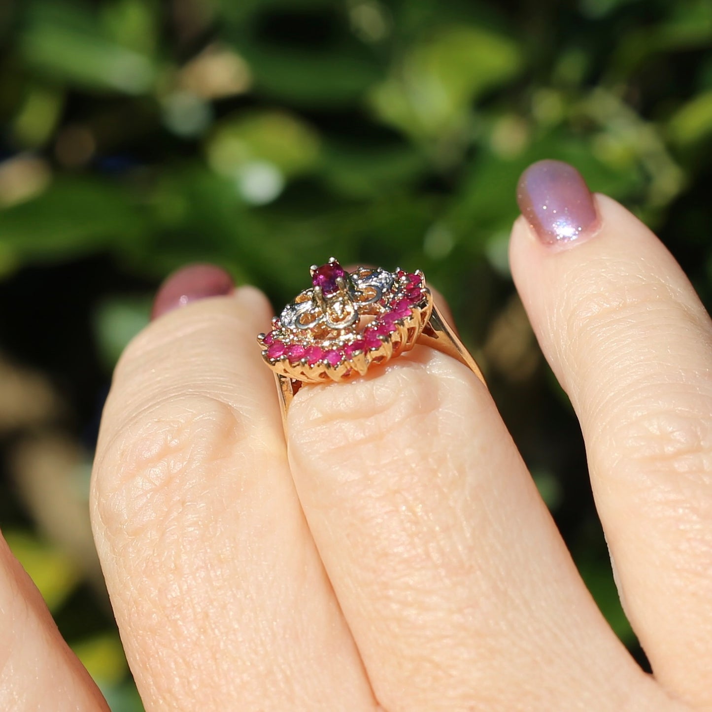 Ruby and Diamond Filigree 14ct Yellow Gold Ring, size M or just under 6.5