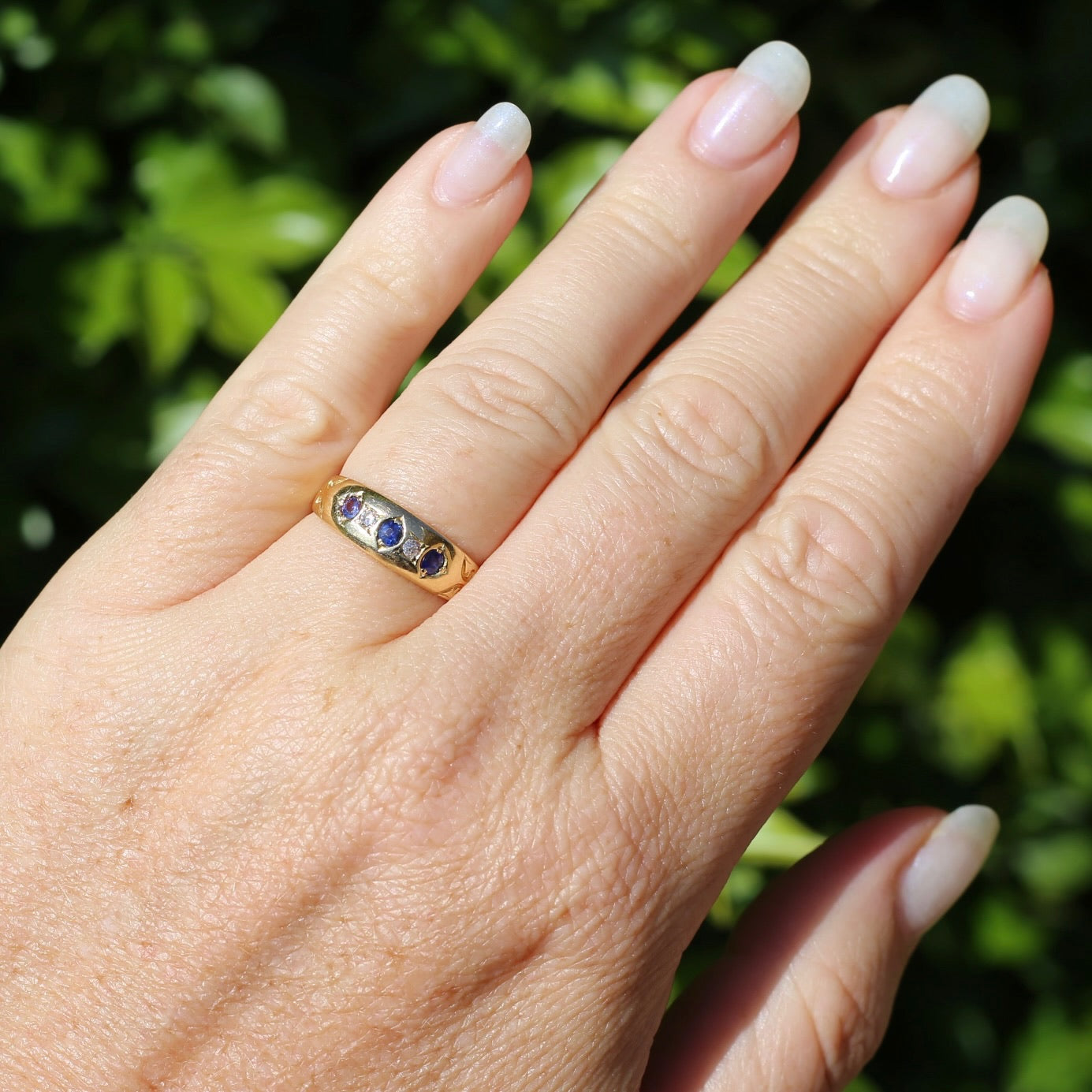 1897 Old Cut Sapphire and Diamond Five Stone Ring, 18ct Yellow Gold, size O or 7.25