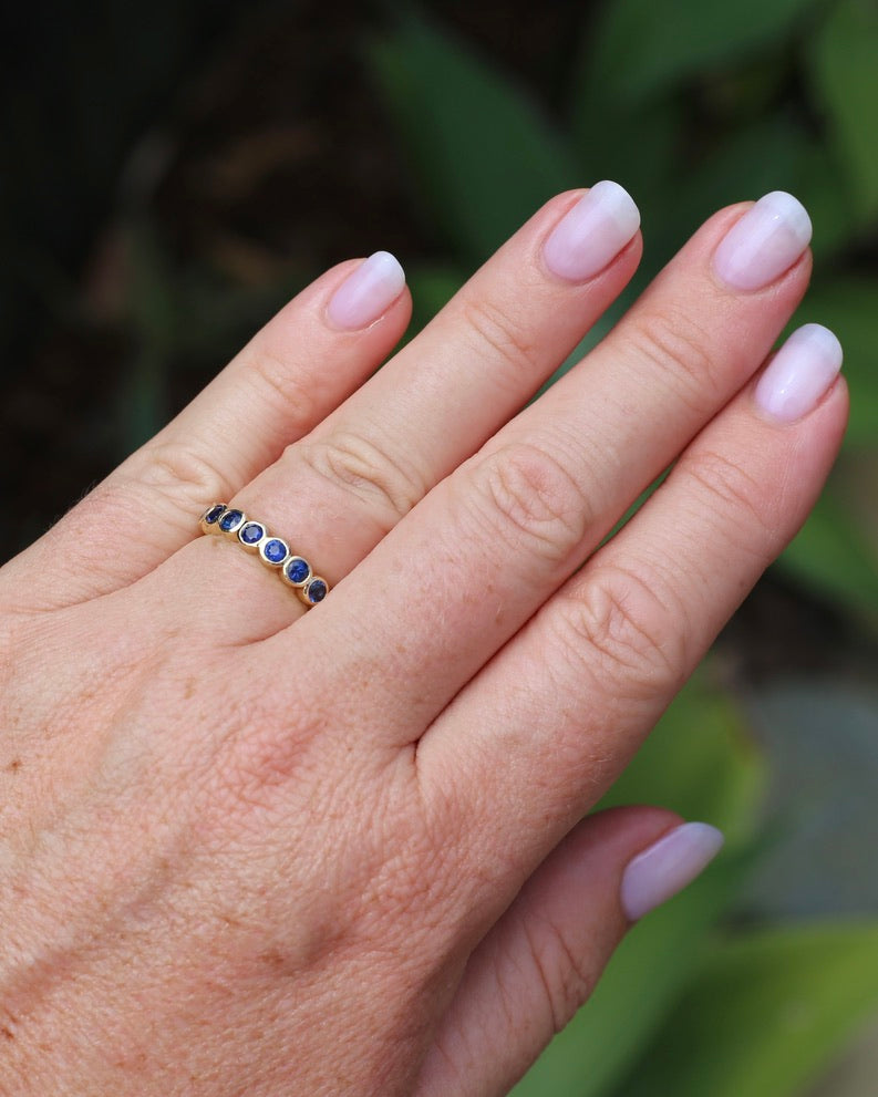 Second Glance - 9 Stone Bezel Set Blue Sapphire Bubble Half Eternity Ring, 9ct Yellow Gold, size N or just over 6.5, 2.80g