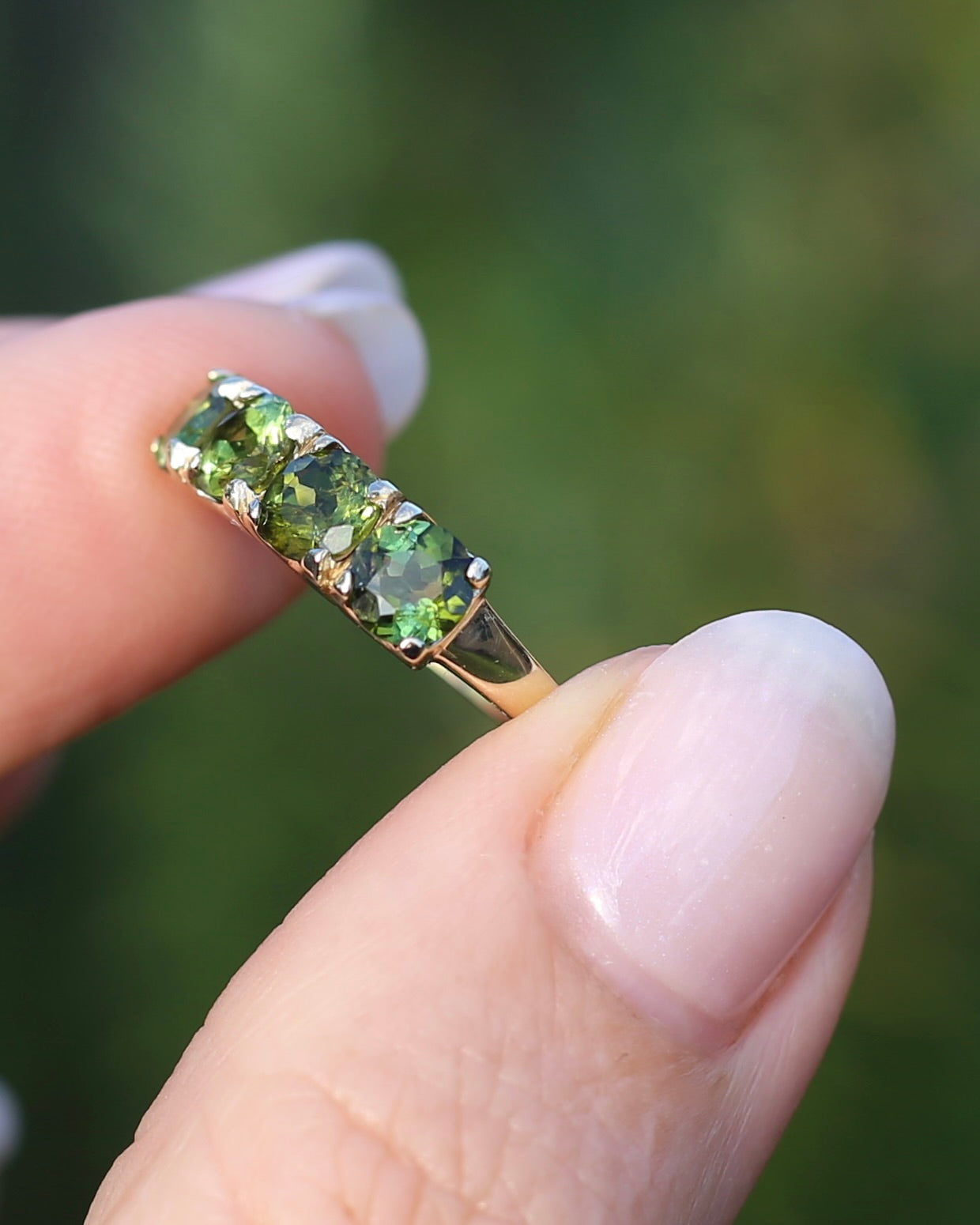 1.75ct Four Stone Natural Green Tourmaline Ring, 9ct Yellow Gold, size N1/2 or just over 6.75, 2.37g