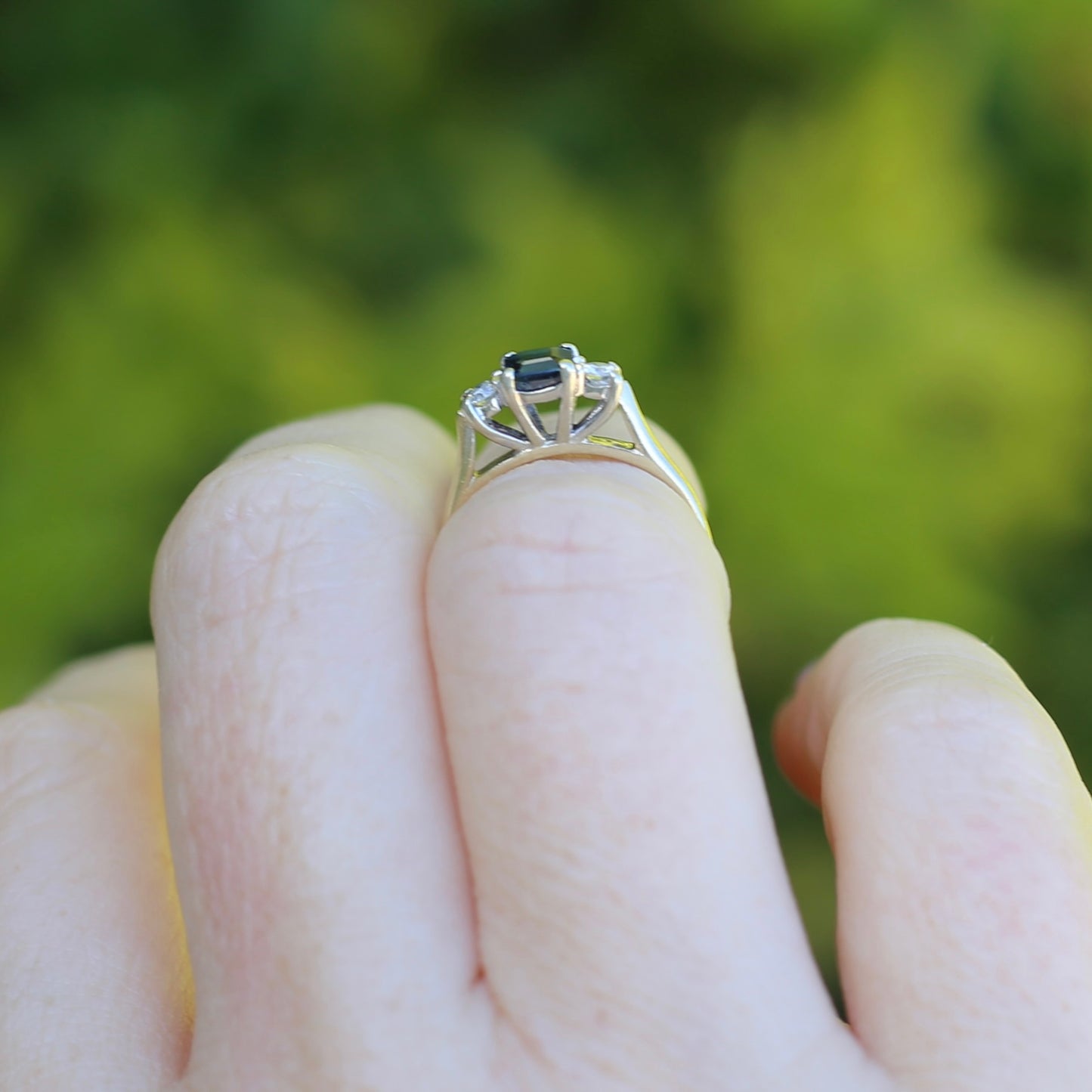 Square Emerald Cut Natural Sapphire and Diamond Trilogy, 9ct Yellow Gold and 14ct White Gold, size J1/2 or 5