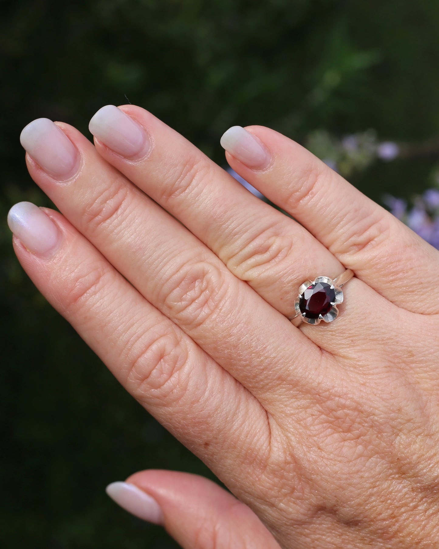 On HOLD Vintique Rhodolite Garnet Belcher Ring, Sterling Silver, size O1/2 or 7.5, 2.44g
