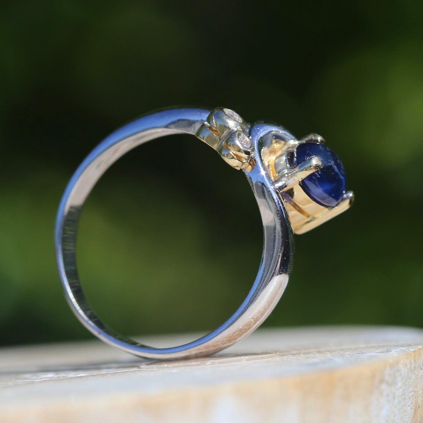 Chunky Asymetrical Mixed Metal Pear Sapphire Cabochon and Diamond ring, 18ct Yellow and White Gold, size 7.5 or just over O1/2