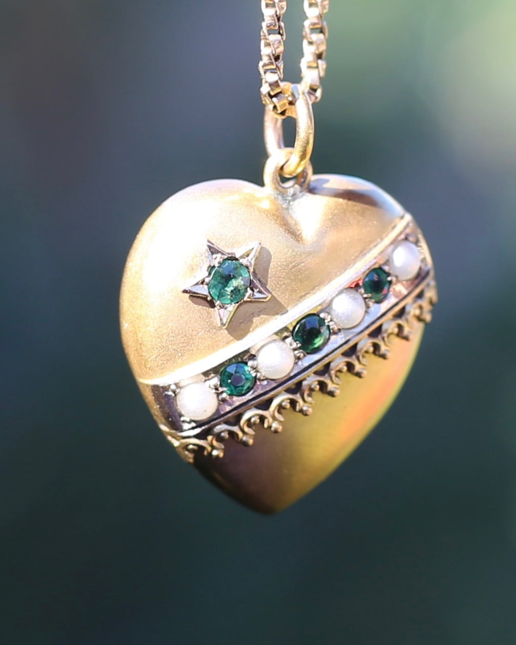 Early Australian Aronson & Co Puffy Heart set Pendant with Pearl and Green Gems, 9ct Yellow Gold, 2.59g