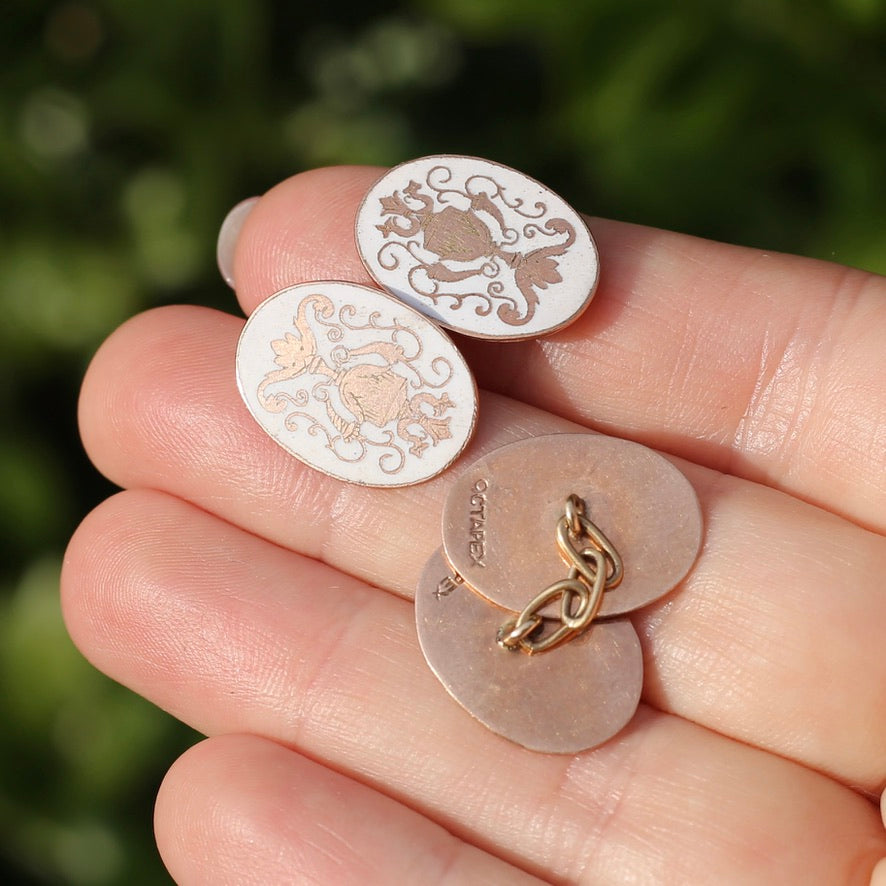 Early Australian APEX Enamel & Rose Gold Cufflinks, 7.87g 9ct Rose Gold