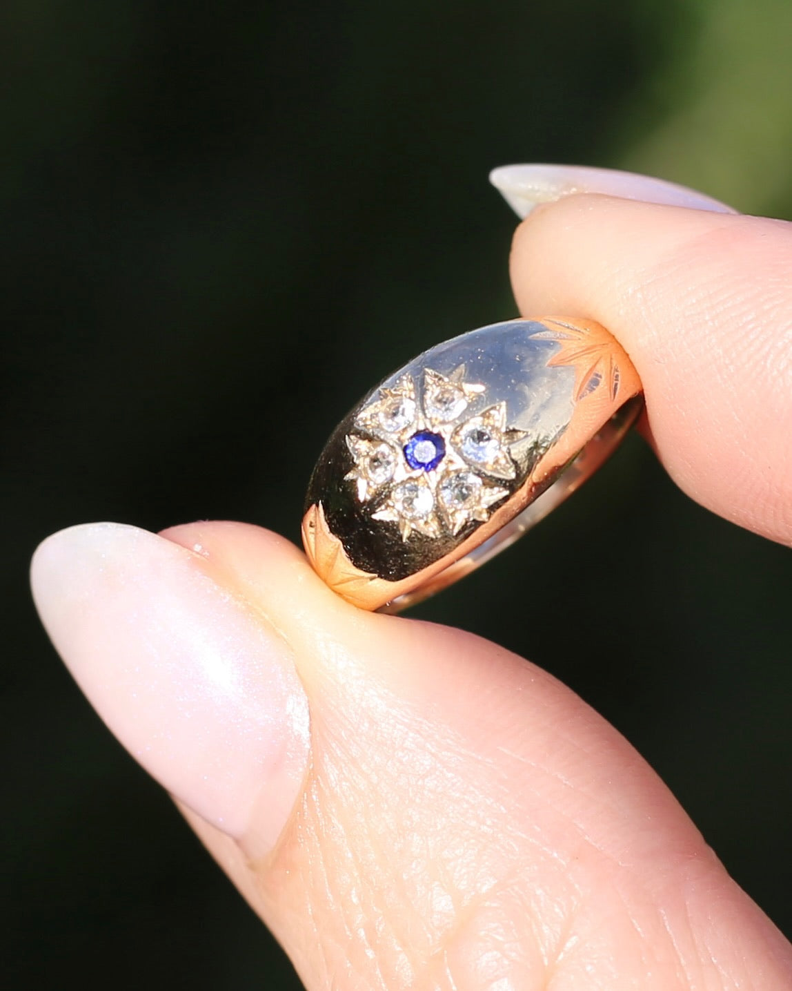 Vintage 1994 Birmingham Made Sapphire and White Stone Floral Cluster in Domed Ring, 9ct Yellow Gold, size J1/2 or 5