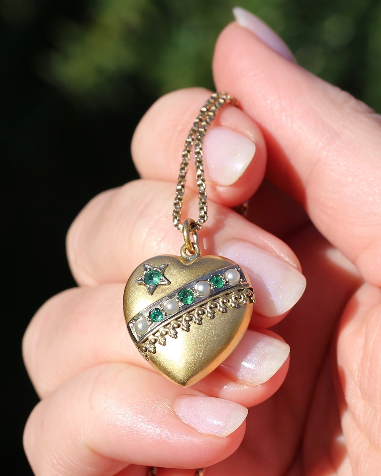 Early Australian Aronson & Co Puffy Heart set Pendant with Pearl and Green Gems, 9ct Yellow Gold, 2.59g