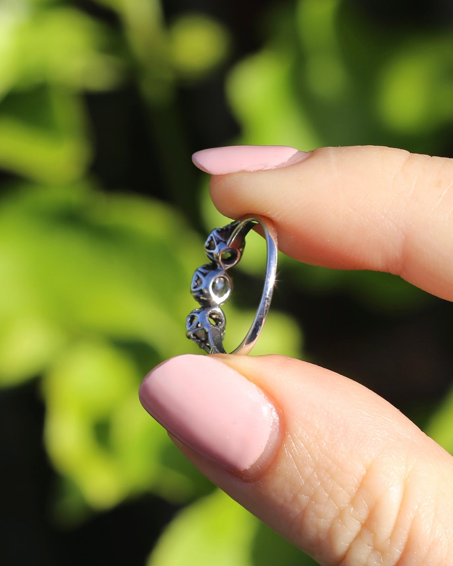 Circa 1930s Transitional Cut Diamond Trilogy with Kozibe Effect, Platinum, size L or 5.75, 2.68g, with valuation