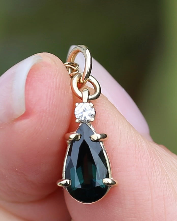 Pear Shaped Natural Teal Pear Sapphire and Diamond Pendant, 9ct Yellow Gold, 1.08g