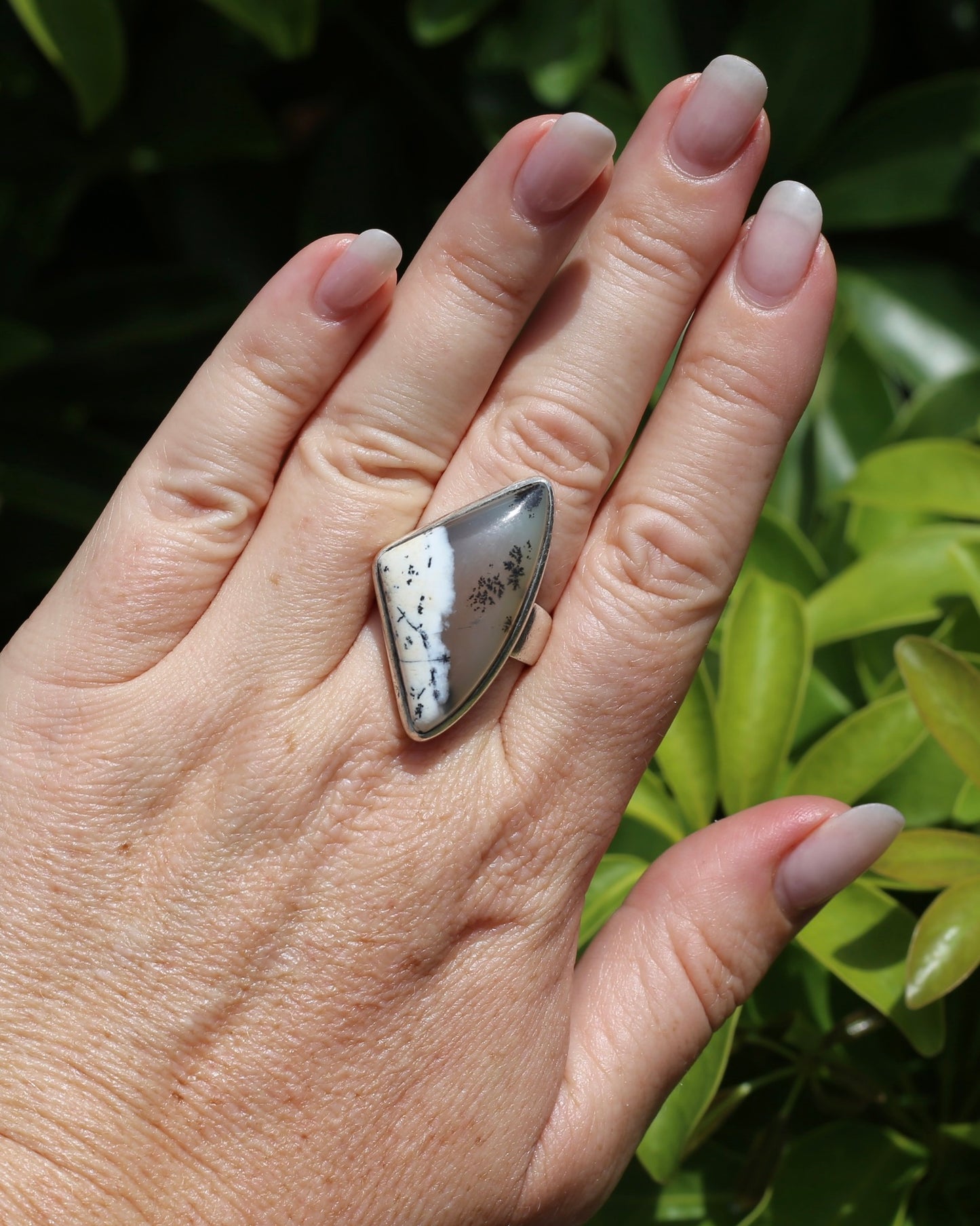 Freeform Dendritic Agate Bezel Set Ring, size T1/2 or 9.75, 14.7g