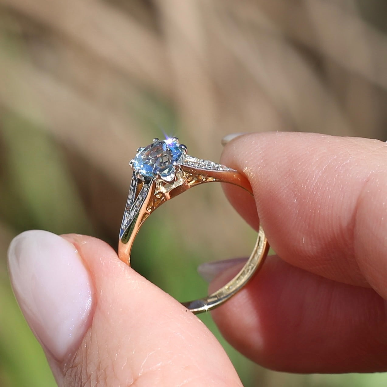 Pristine Early Australian 1930s Dunklings Blue Zircon & Diamond RIng, size L or just over 5.5