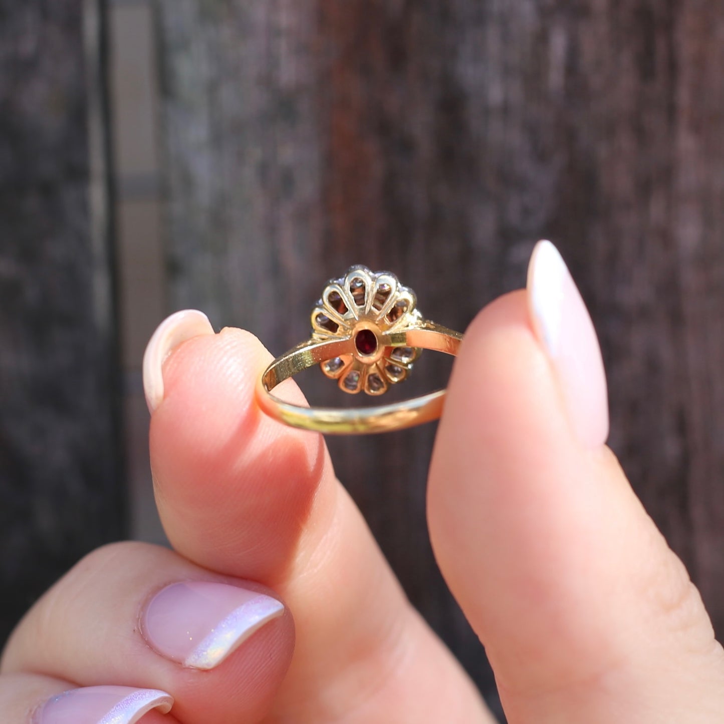 Ruby and Diamond Halo, 18ct Yellow and White Gold, size P or 7.75 with valuation