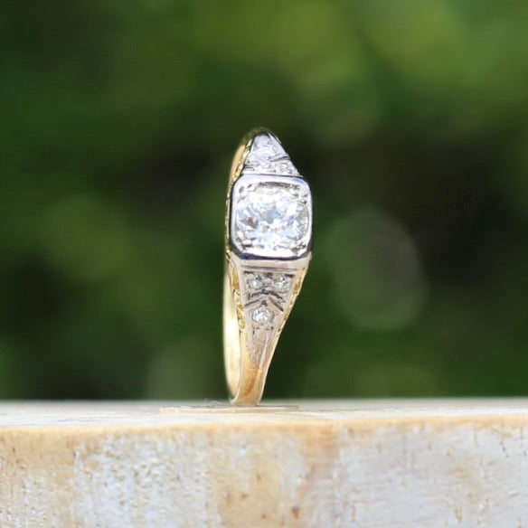 Antique Circa 1915 Old European Cut Solitaire, 18ct White and Yellow Gold, size M1/2 or 6.5