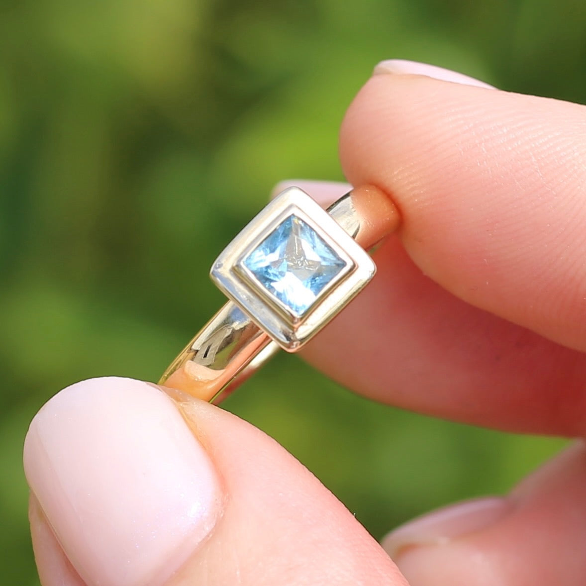 Chunky Bezel Set Princess Cut Blue Topaz, 9ct Yellow Gold, Size M1/2 or 6.5