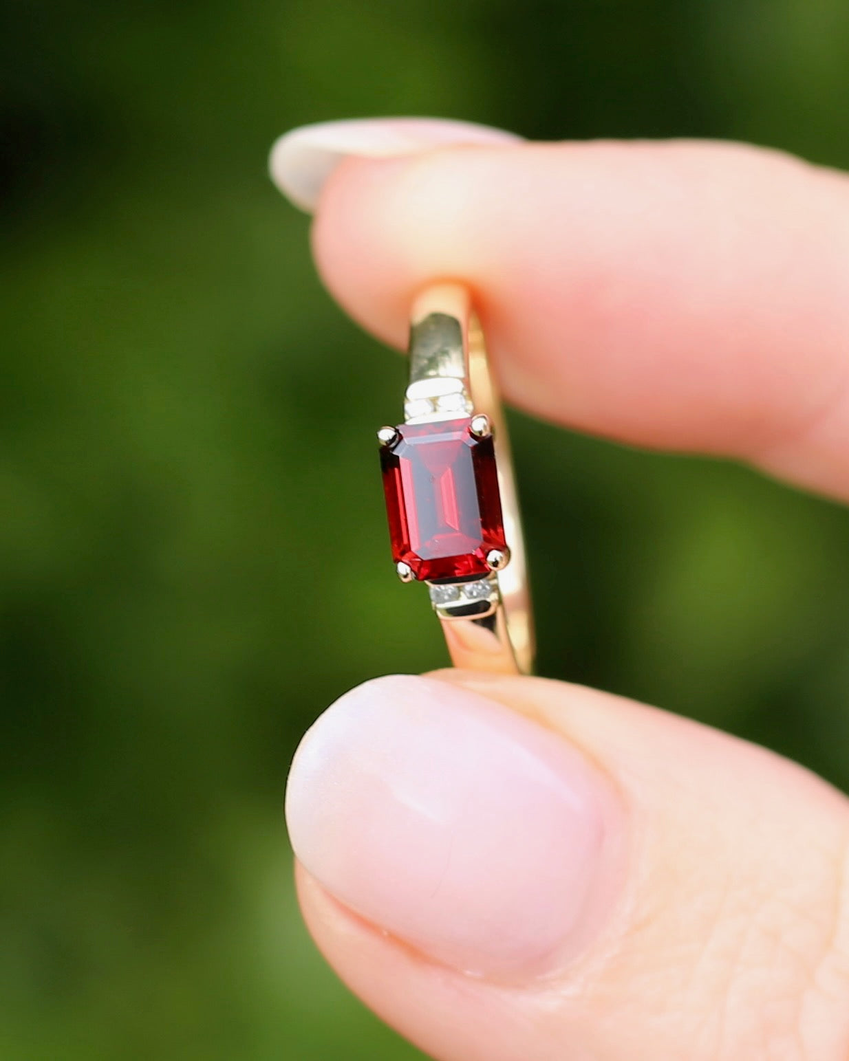 East African East West Set Emerald Cut Garnet and Diamond side stones, 9ct Yellow Gold, size P1/2 or 8