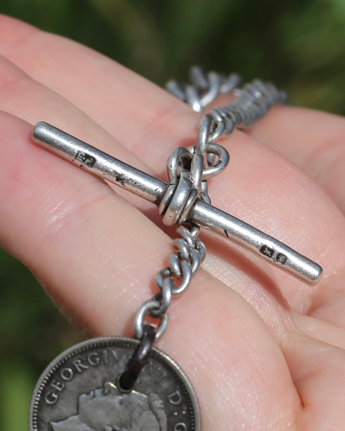 1907 Single Graduated Chester Made Curb Watch Chain with T-bar and 1945 Threepence and Single Albert Clasp, 30cm or 11.75 inches, 30.54g