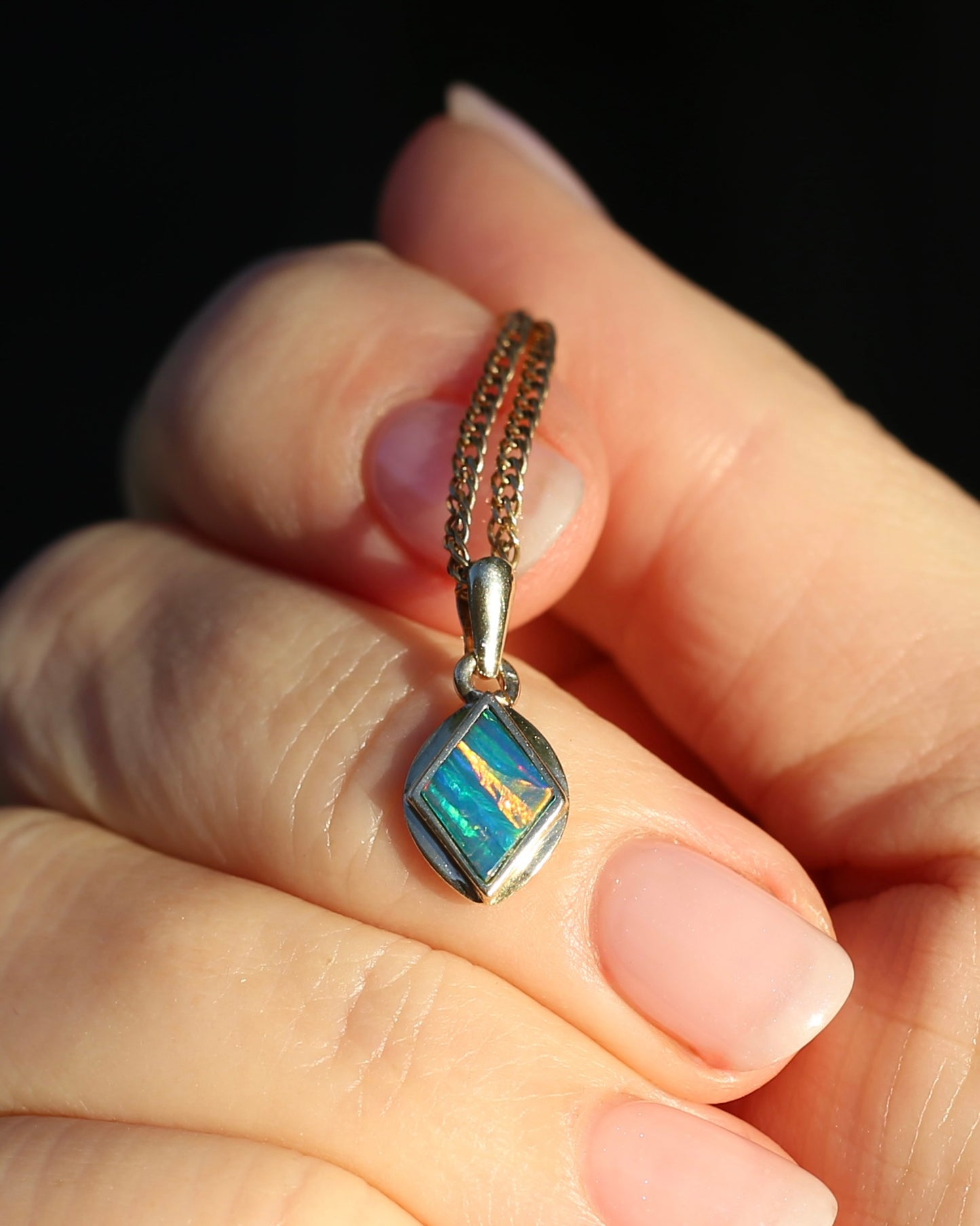 Bezel Set Solid Opal Diamond Shaped Pendant, 14ct Yellow Gold, 0.88g